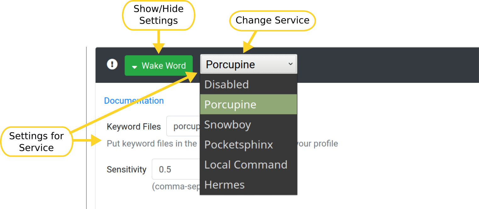 Settings page for wake word