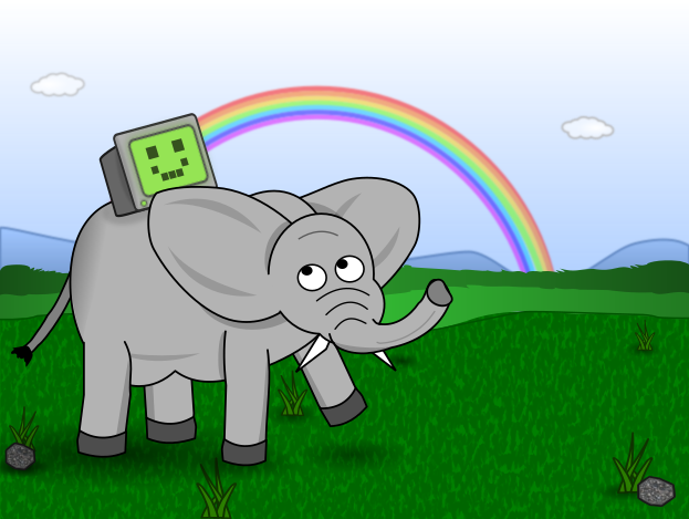 Computer monitor riding an elephant in front of a rainbow
